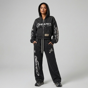 <b>Black</b> Graphic Zip Up Hoodie Sweatpants Tracksuit Set Streetwear Two Piece <b>Jogger</b> Outfit Wholesale OEM Manufacturer - Product Image 4