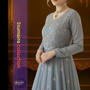 Robe Anarkali brodée grise élégante-parfaite pour les mariages et les fêtes - Product Image 6
