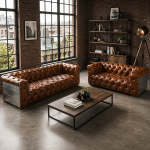 Sofá Chesterfield de Cuero de Búfalo Hecho a Mano, Estilo Aviador, Industrial, Vintage, de Aluminio, 3 Plazas, Muebles de Lujo para Sala de Estar - Product Image 1