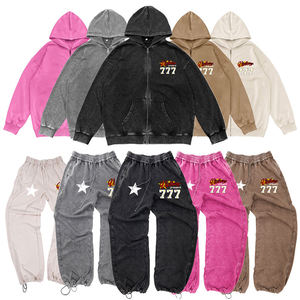 Wholesale Men's Winter <b>Set</b> Custom Rhinestone Hooded Hoodie Dtg Printing 100% Cotton Vintage Acid Washed Tracksuit <b>Sweatpants</b> Zip - Product Image 3