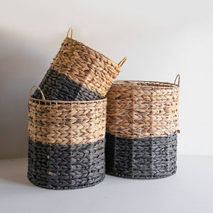 Cylindrical storage <b>basket</b> <b>bag</b> with handle combo of handcrafted water hyacinth organizer <b>baskets</b> - Product Image 1