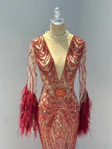 Robe de soirée sirène de haute qualité fabriquée par OEM avec strass de couleur rouge faite à la main TNBPno65 - Product Image 3