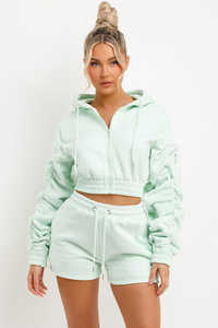 Vente en gros personnalisé menthe 2 pièces femmes froncé Crop Zip Hoodie & Shorts ensemble de survêtement femmes respirant ensemble de survêtement deux pièces - Product Image 4