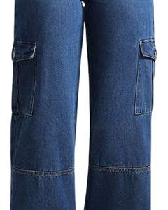 Dark Blue <b>Wide</b> <b>Leg</b> <b>Cargo</b> Jeans Women High Waist Denim Pants With Side Pockets Casual Streetwear Manufacturer Supply OEM - Product Image 5