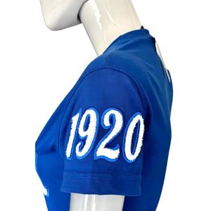 Zeta 1920 manga Chenille Tee azul con letras blancas Sorority Apparel algodón Collegiate Greek Life mujeres camisa bordada - Product Image 2