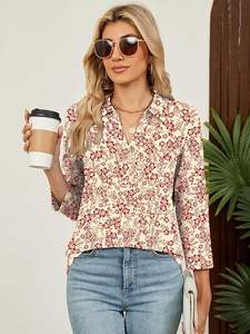 Chemise à manches longues à col en V pour femmes élégantes, coupe décontractée, tenue de bureau décontractée, service de logo personnalisé de qualité supérieure - Product Image 5