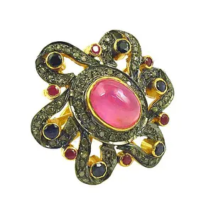 Anillo de Piedras Preciosas de Joyería Art Palace para Mujer con Rubí y Zafiro, Topacio de Corte Ovalado, Chapado en Rodio - Product Image 1