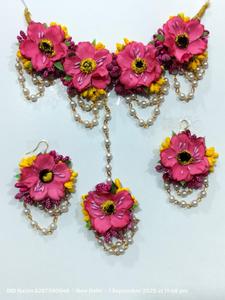 Conjunto de joyería nupcial floral amarilla personalizable y respetuoso con el medio ambiente con perlas Haldi Mehendi y colección preboda hecha en India - Product Image 6