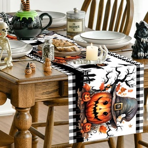 2025 Halloween chemin de Table citrouille épouvantail noir chauve-souris nappe Thanksgiving vacances noir blanc Plaid chemin de Table - Product Image 3