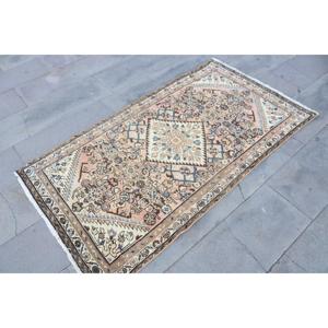 3x5.5 ft Vintage Rug, Turkish Accent Rug, <b>Brown</b> Blue Moroccan <b>Wool</b> Rug - Product Image 3