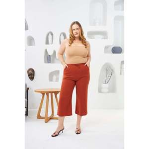 RMG <b>Plus</b> <b>Size</b> Wide Leg Cotton Capri Pants for Women - Comfortable Knitted Terracotta Calf-Length Trousers - Product Image 3