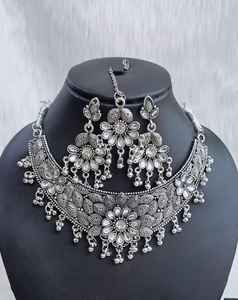 Most Demanded Ethnic Floral Alloy Oxidized Natural Stone Necklace Set for Wedding Engagement Anniversary Party Functions Best - Product Image 5