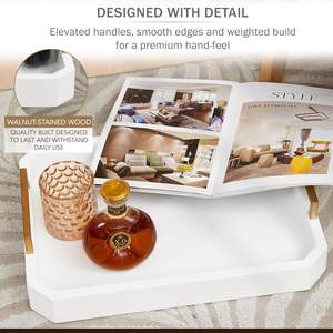 Impresionante bandeja de servicio de madera de acacia blanca con asas Bandeja otomana de madera decorativa - Product Image 5