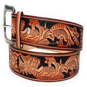 Cinturón de herramientas de cuero occidental para hombre pintado a mano y tallado a mano de lujo con hebilla de PIN de diseñador grabada floral de todos los tamaños - Product Image 3