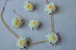 Handmade Islamic Wedding Rose Mehndi <b>Flower</b> Jewelry Set with Multilayer Pearl Necklace Ring Earrings & Tikka - Product Image 2