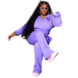 Ensemble de survêtement streetwear pour femme en 2 pièces, uni, brodé, respirant, veste zippée à manches courtes et longues, pantalon de survêtement, 100% coton - Product Image 2