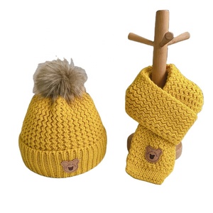 Conjunto de bufanda y gorro de invierno para niños, gorro de punto con pompón, gorro de lana grueso con lazo bonito de otoño, bufanda clásica para niños y niñas - Product Image 3