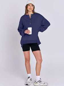 Oversized <b>Womens</b> Hooded <b>Navy</b> Blue Long Sleeve Button Front Soft Casual Sweatshirt Comfortable Loose Fit Everyday Wear - Product Image 6