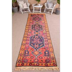 3.4x11.5 ft Rug, Vintage Rug, Turkish <b>Red</b> <b>Wool</b> Ikat Rug - Product Image 1