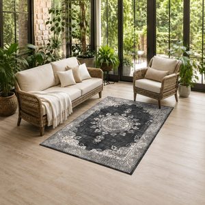 Tapis de salon en chenille antidérapant, gris anthracite, motif médaillon traditionnel imprimé numériquement, lavable en machine, vente en gros - RUGS DEPOT LXDP-0165 - Product Image 6