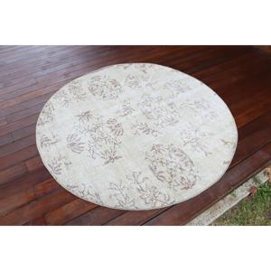 4.3x4.4 ft Round Turkish Rug, Vintage Rug, White <b>Brown</b> Floral <b>Wool</b> Rug - Product Image 2