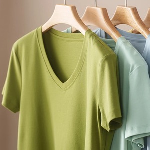 Camiseta básica de algodón para mujer, 100% algodón, manga corta, cuello en V, ajuste holgado, ecológico, negro, blanco, verano, moda informal - Product Image 3