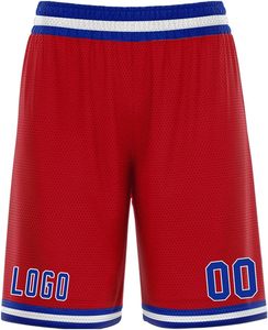 Shorts de basketball respirants en mesh rouge avec bordure bleue et blanche, logo et numéros sublimés, pour jeu en extérieur, unisexe, adulte, coupe régulière, élastique - Product Image 2