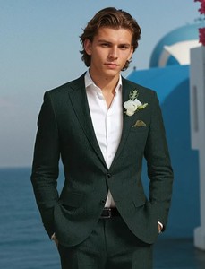 Trajes masculinos de lino verde Esmoquin DE BODA Conjuntos de chaqueta de moda de negocios Pantalones de chaqueta de dos piezas hechos a medida - Product Image 2