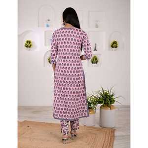 Conjunto de Kurta y Pantalón de Algodón con Estampado de Bloques Rosa, Estilo de Ropa Americana - Product Image 6