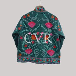 Manteau en velours brodé à la main à motif floral, col mandarin, manches longues, grande taille, vêtements d'extérieur décontractés pour femmes, automne - Product Image 5