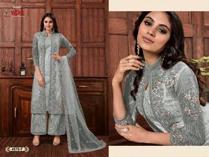 Vêtements indiens et pakistanais pour adultes Filet élégant Plazzo avec veste Designs New Designer Suits - Product Image 5