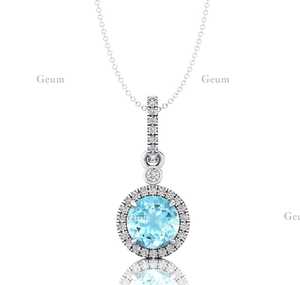 Collier pendentif à breloques solitaire Halo en or rose massif 14 carats avec pierres précieuses aigue-marine cultivées en laboratoire et diamant véritable pour elle - Product Image 6