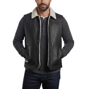 Men <b>Black</b> Genuine Leather Shearling Collar <b>Vest</b> Sleeveless Button Front Waistcoat with Warm Lined Interior - Product Image 4