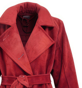 Manteau trench léger et décontracté en cuir de mouton rouge véritable, en daim, avec col croisé et fermeture éclair, design élégant pour femme - Product Image 4