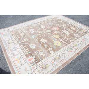 Vintage Turkish Rug, 7.9x9.8 ft Rug, <b>Brown</b> White Polka dot <b>Wool</b> Rug - Product Image 3