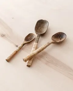 Handcrafted Mango <b>Wood</b> <b>Spoon</b> <b>Set</b> with Rattan Wrapped Handles Eco Friendly Kitchen Utensil Serving <b>Spoons</b> - Product Image 2