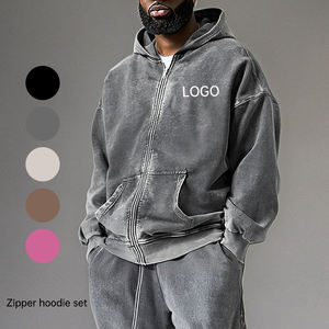 Vente en gros : Sweat à capuche et pantalon de survêtement pour homme, 100% coton, vintage, délavé à l'acide, avec impression DTG et strass personnalisés, pour l'hiver, avec fermeture éclair - Product Image 1