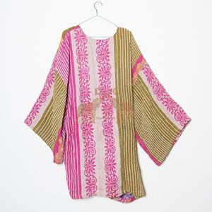 Unisex 100% Cotton Kantha <b>Kimono</b> V Neck Bathrobe Belt Hand Stitched Floral Pattern Full Length Dress for Winter - Product Image 3