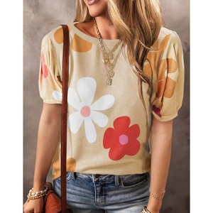 Camiseta rosa de alta calidad con estampado floral y burbuja de manga corta con estampado de flores de verano, venta al por mayor, camiseta personalizada para mujer - Product Image 2