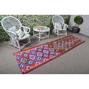 Vintage Turkish Rug, <b>Runner</b> 2.8x10.2 ft (84x310 cm) Rug, <b>Red</b> Check Wool Rug - Product Image 2