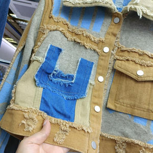 Ropa de calle personalizada, ropa informal de retazos de bloque de Color para mujer, chaqueta vaquera corta rasgada, chaqueta vaquera para mujer - Product Image 6