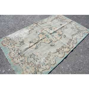 Tapis en Laine Vintage Fait Main Beige Bleu Patchwork 4.7ft X 8ft Couloir Rectangulaire pour Salon Chambre Latex Viscose PP pour Adolescents - Product Image 2