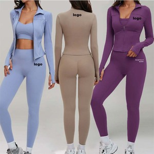 Ensemble de yoga 3 pièces pour femme : Leggings taille haute longueur intégrale, haut court zippé, couleur unie, sans couture, en Spandex et Polyester, tenue de sport - Product Image 1