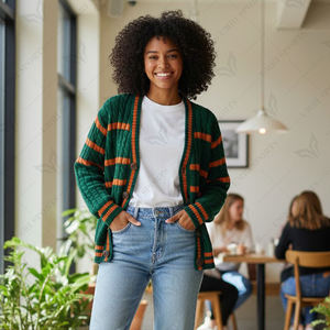 Pull cardigan décontracté pour femme, vert et orange, col en V, tricot, logo personnalisé sur le devant, 100% laine - Product Image 6