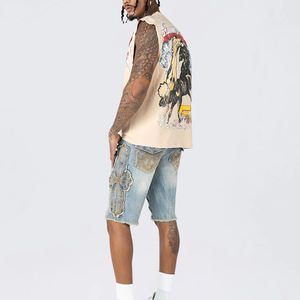 Custom Logo Embroidery Distressed Denim <b>Shorts</b> for Men High Street Style Solid Pattern Casual Straight Washed Jorts <b>Black</b> Color - Product Image 5