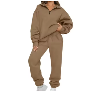 Ensemble de survêtement décontracté pour femme automne/hiver, style européen et américain, avec sweat à capuche uni à nœud et pantalon ample brodé – Collection tendance - Product Image 1