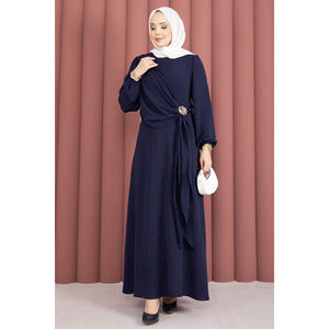 Vestido Hijab Estilo Boho Azul Marino con Tirantes, Lazos Laterales y Decoraciones con Cremallera, Elegante y Transpirable para Oficina, Largo hasta el Suelo - Product Image 4