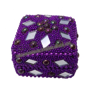 Square Shape Kumkum <b>Box</b> Holder With Stone and <b>Mirror</b> Work in Purple Tone for Home and Party - Product Image 1