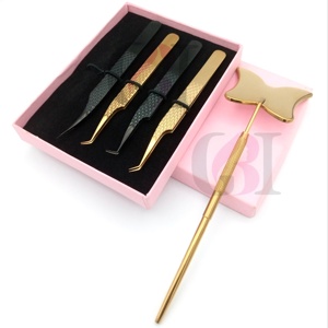 Pince à épiler pour extensions de cils en acier inoxydable de haute qualité, antistatique, antimagnétique, noire et dorée, style papillon, avec miroir - Product Image 1