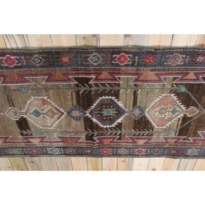 Vintage Turkish Rug, 3.8x9.6 ft Rug Rug, <b>Brown</b> Geometric <b>Wool</b> Rug - Product Image 3